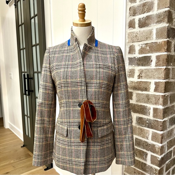*rare* J. CREW Regent Wool Blazer Natural Plaid, Velvet Ribbon & Cobalt Pop — 6 - Picture 6 of 16